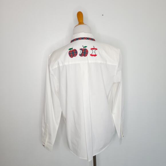 Karen Scott Teacher Button Front Shirt Apple Embroidery Plaid Trim Women Small - Picture 3 of 13